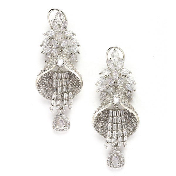 Rhodium-Plated White American Diamond studded Quikry Drop Earrings