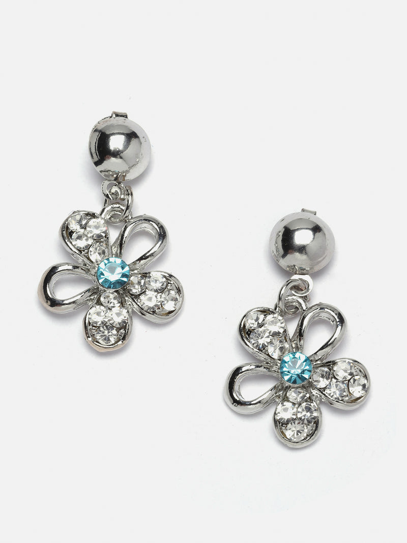 Rhodium-Plated Blue American Diamonds Studded Floweret Necklace & Earrings Jewellery Set