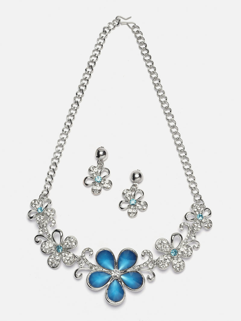 Rhodium-Plated Blue American Diamonds Studded Floweret Necklace & Earrings Jewellery Set
