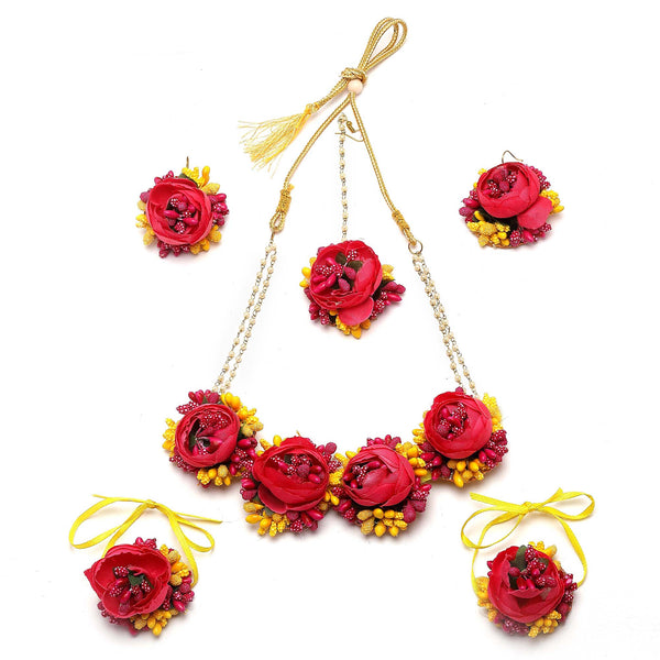 Gold-Plated Pink Floral White Pearls Beaded Haldi & Mehendi Jewellery Set with Maang Tikka & Haathphool
