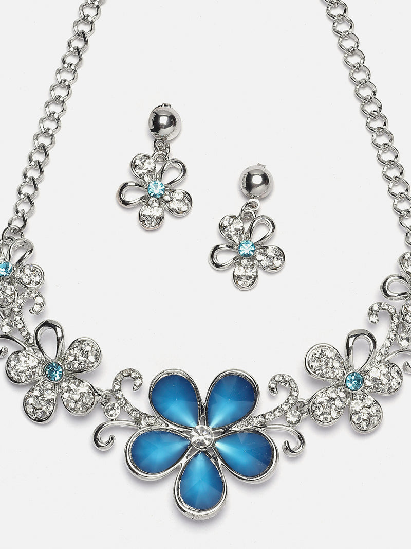 Rhodium-Plated Blue American Diamonds Studded Floweret Necklace & Earrings Jewellery Set