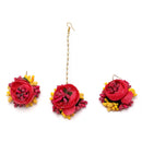 Gold-Plated Pink Floral White Pearls Beaded Haldi & Mehendi Jewellery Set with Maang Tikka & Haathphool