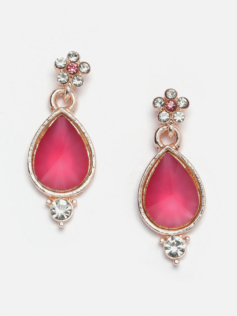 Rose Gold-Plated Pink Cubic Zirconia Studded Teardrop Shaped Necklace with Earrings Jewellery Set