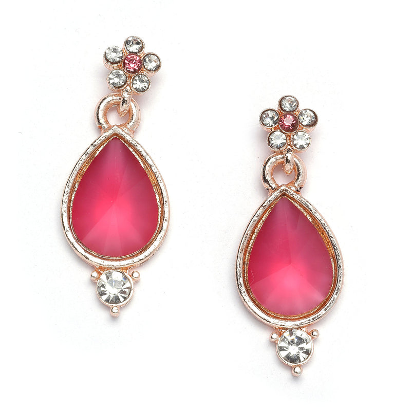 Rose Gold-Plated Pink Cubic Zirconia Studded Teardrop Shaped Necklace with Earrings Jewellery Set