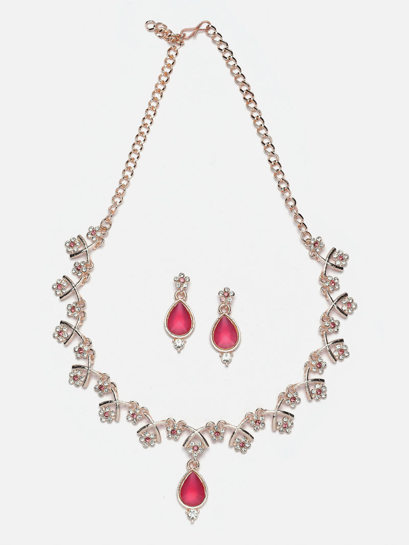 Rose Gold-Plated Pink Cubic Zirconia Studded Teardrop Shaped Necklace with Earrings Jewellery Set