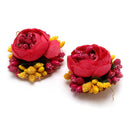 Gold-Plated Pink Floral White Pearls Beaded Haldi & Mehendi Jewellery Set with Maang Tikka & Haathphool