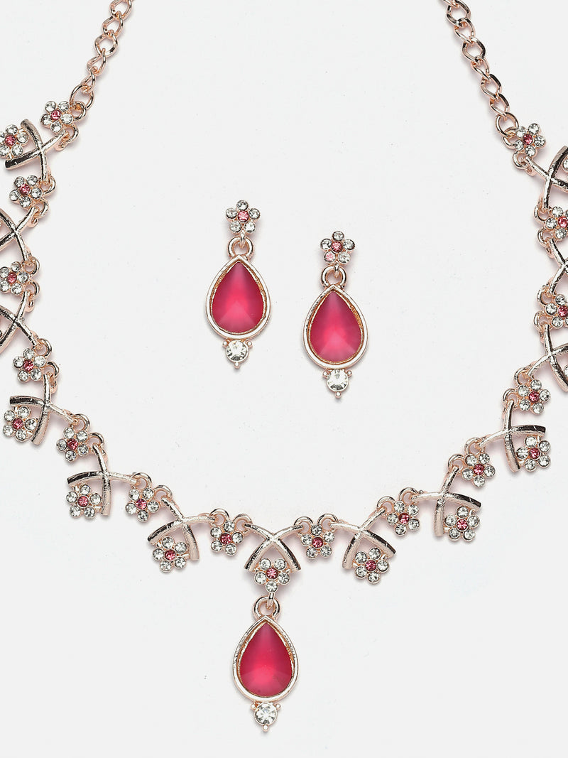 Rose Gold-Plated Pink Cubic Zirconia Studded Teardrop Shaped Necklace with Earrings Jewellery Set