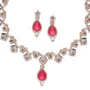 Rose Gold-Plated Pink Cubic Zirconia Studded Teardrop Shaped Necklace with Earrings Jewellery Set