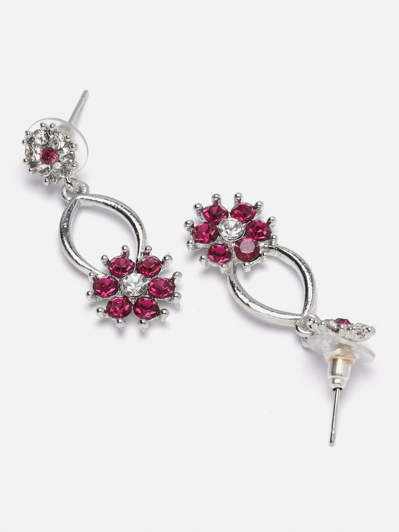 Silver-Plated Pink & White Cubic Zirconia Studded Flower Shaped Necklace with Earrings Jewellery Set