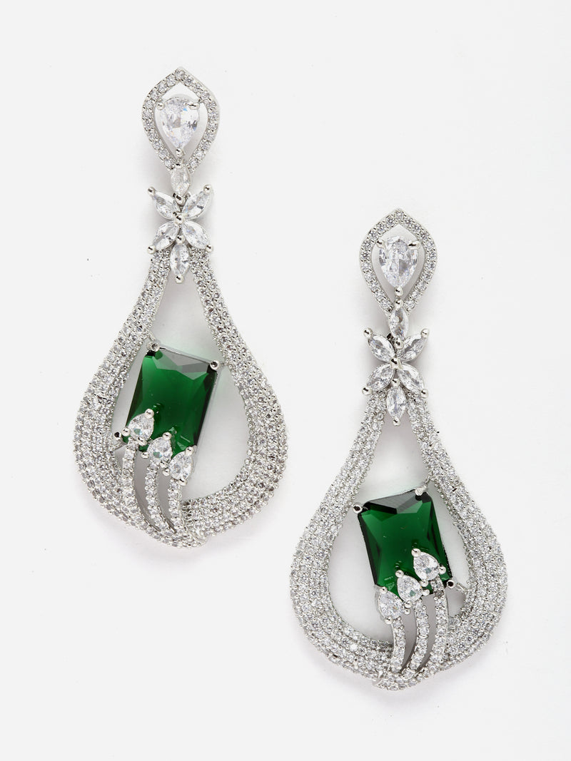 Rhodium-Plated Green American Diamond studded Handcrafted Quirky Shaped Drop Earrings