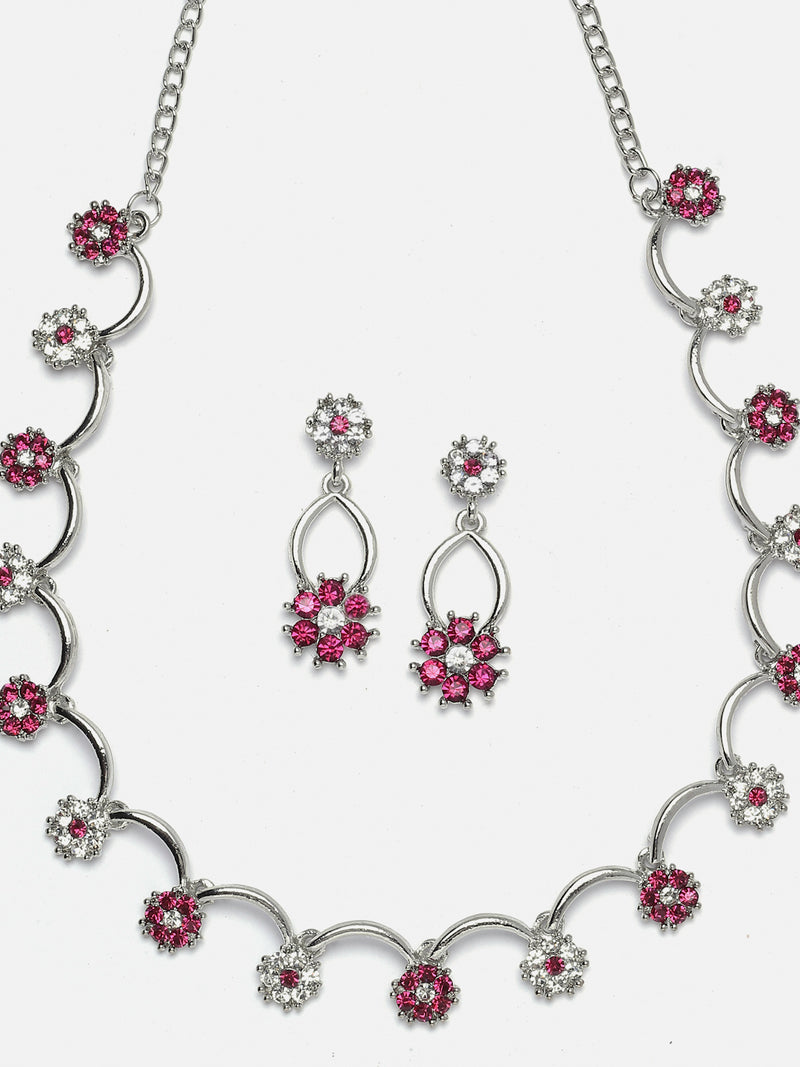 Silver-Plated Pink & White Cubic Zirconia Studded Flower Shaped Necklace with Earrings Jewellery Set