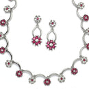 Silver-Plated Pink & White Cubic Zirconia Studded Flower Shaped Necklace with Earrings Jewellery Set