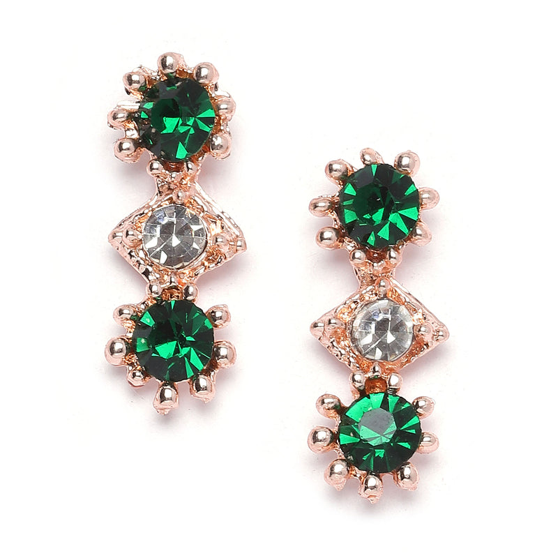 Rose Gold-Plated Green & White American Diamond Studded Star Shaped Necklace with Earrings Jewellery Set