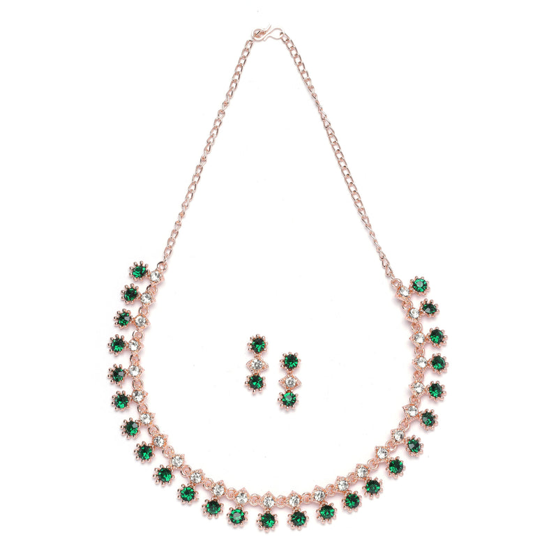 Rose Gold-Plated Green & White American Diamond Studded Star Shaped Necklace with Earrings Jewellery Set