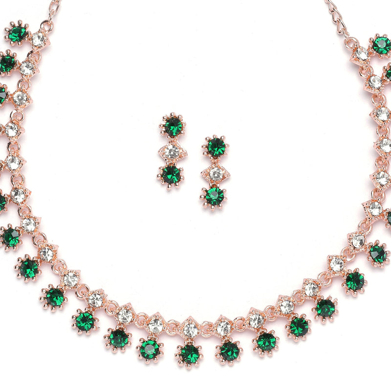 Rose Gold-Plated Green & White American Diamond Studded Star Shaped Necklace with Earrings Jewellery Set