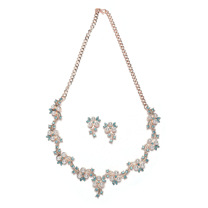 Rose Gold-Plated Blue Cubic Zirconia & White Pearls Studded Jewellery Set