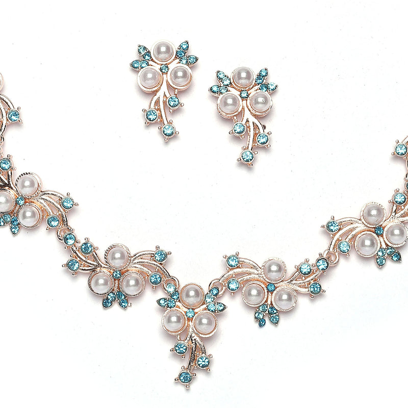 Rose Gold-Plated Blue Cubic Zirconia & White Pearls Studded Jewellery Set
