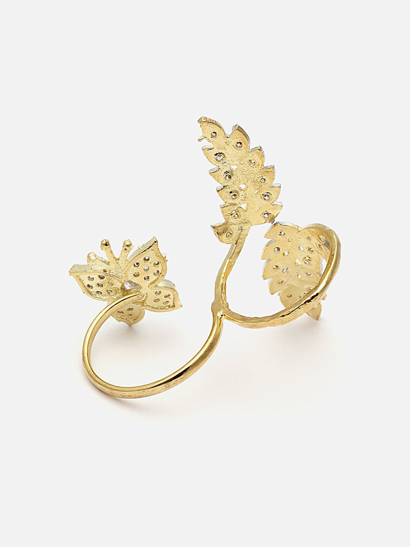Gold-Plated White American Diamond Studded Butterfly & Leaf Shaped Adjustable Finger Ring