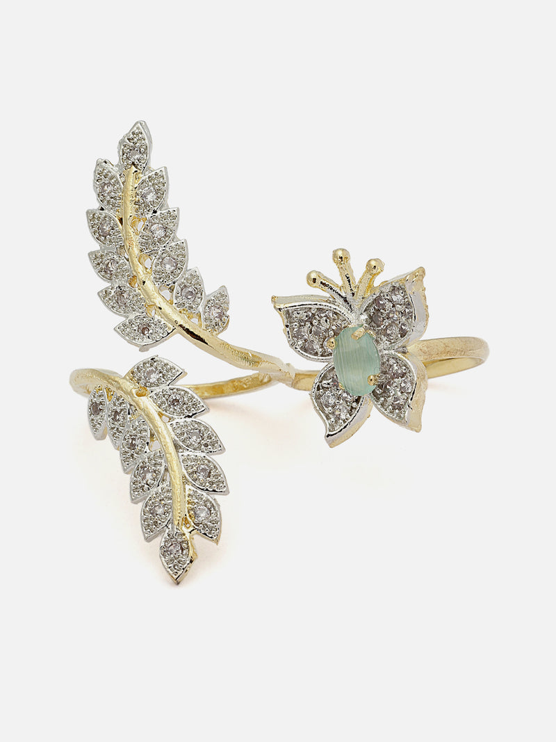 Gold-Plated Sea Green & White American Diamond Studded Butterfly-Leaf Shaped Adjustable Finger Ring