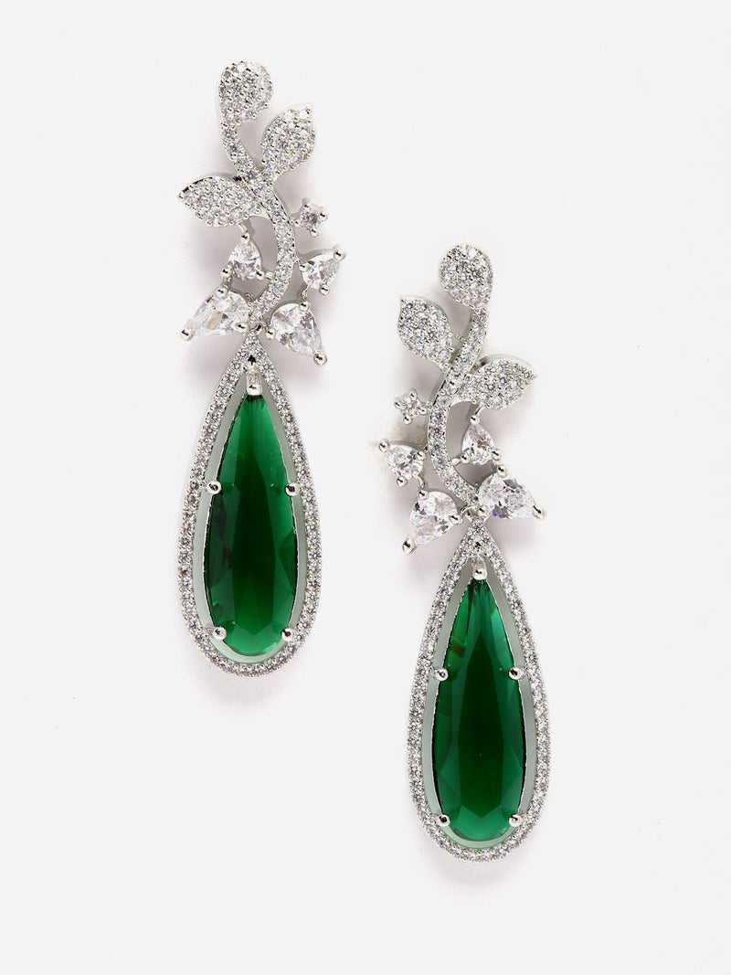 Rhodium-Plated Green American Diamond studded Teardrop & Leaf Shaped Drop Earrings