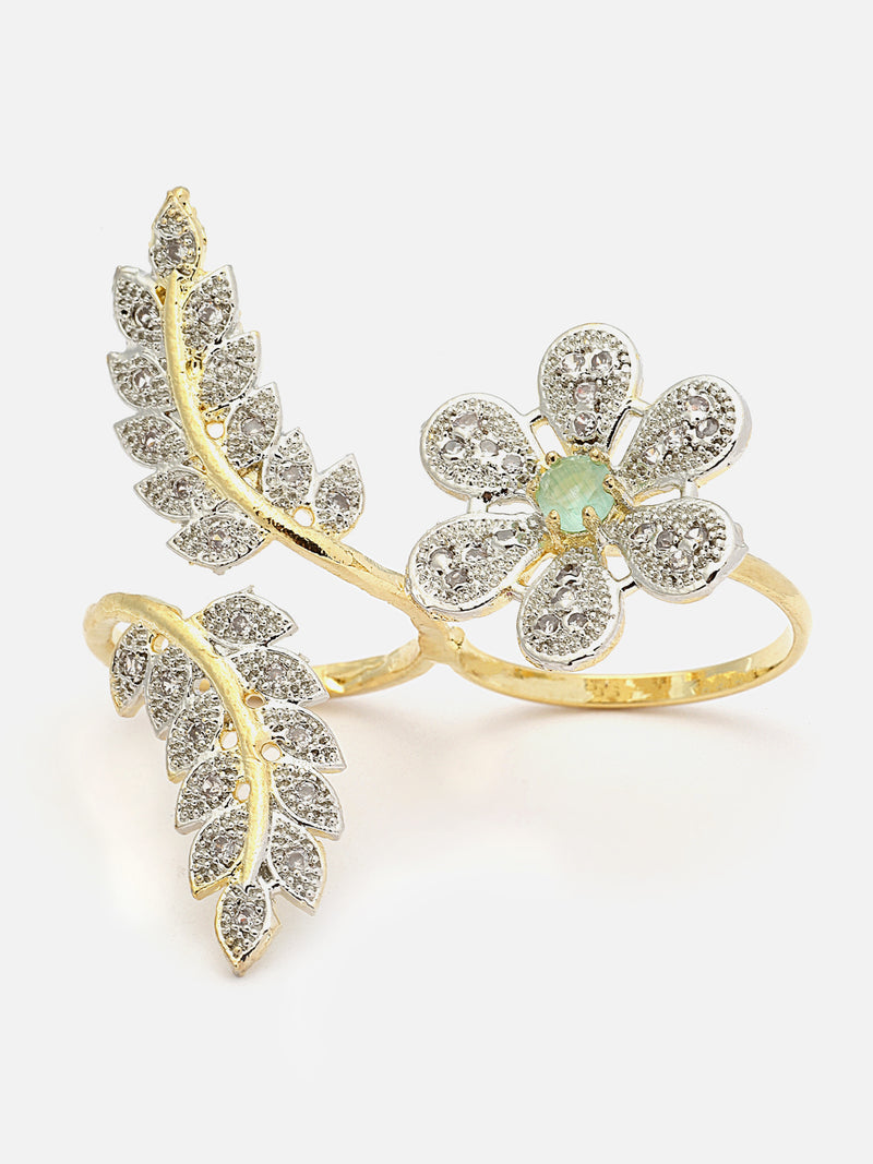 Gold-Plated Sea Green & White American Diamond Studded Floral & Leaf Shaped Adjustable Finger Ring