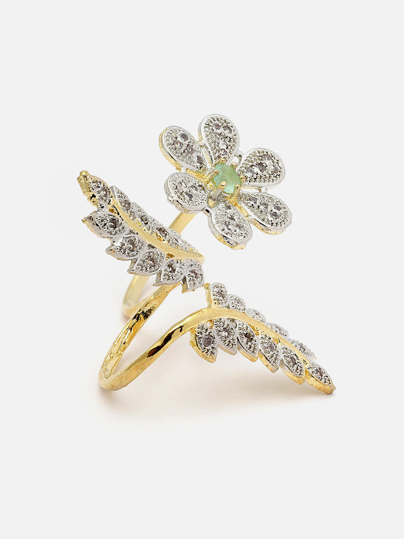 Gold-Plated Sea Green & White American Diamond Studded Floral & Leaf Shaped Adjustable Finger Ring