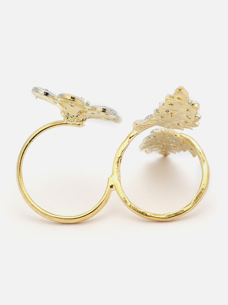 Gold-Plated Sea Green & White American Diamond Studded Floral & Leaf Shaped Adjustable Finger Ring