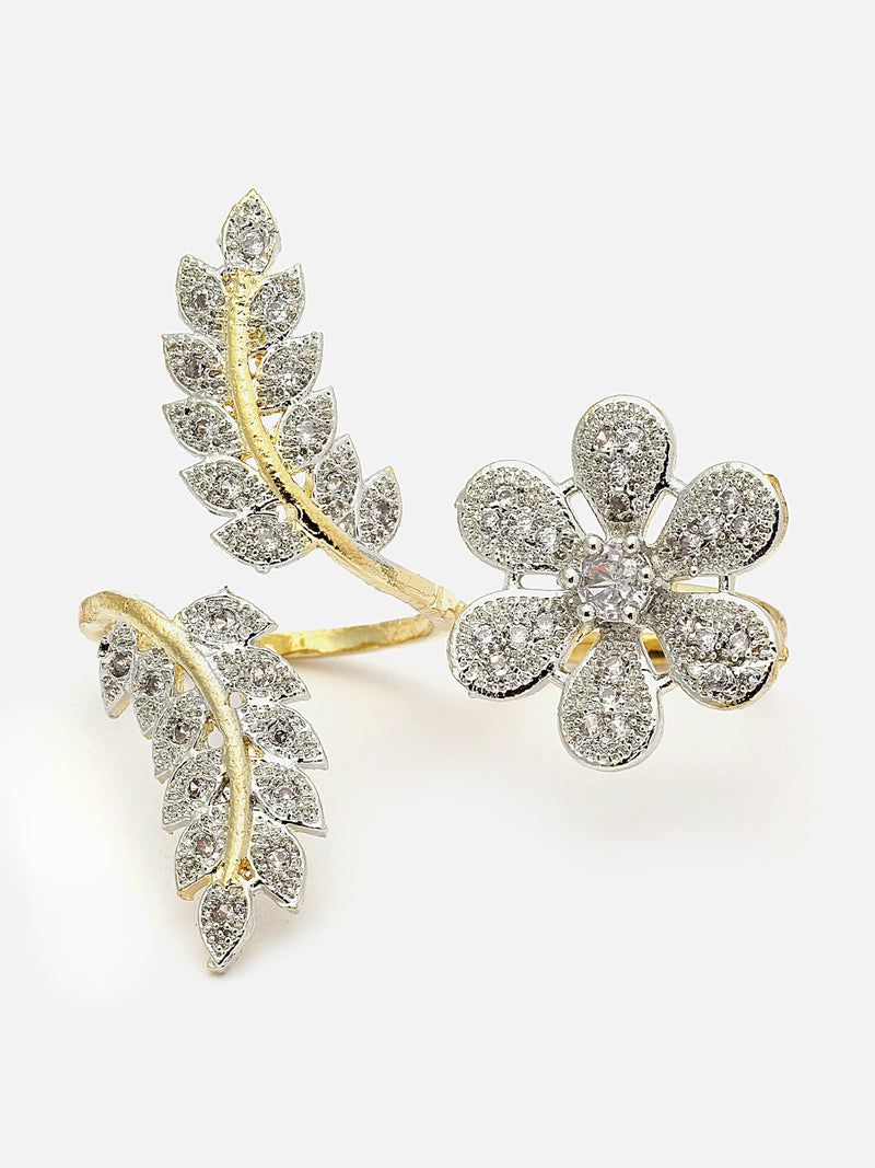 Gold-Plated White American Diamond Studded Floral & Leaf Shaped Adjustable Finger Ring