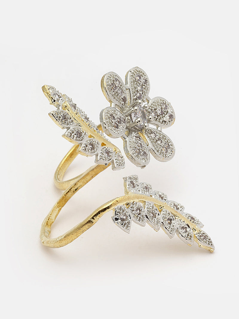 Gold-Plated White American Diamond Studded Floral & Leaf Shaped Adjustable Finger Ring