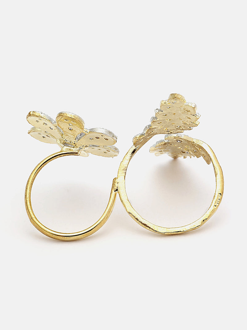 Gold-Plated White American Diamond Studded Floral & Leaf Shaped Adjustable Finger Ring