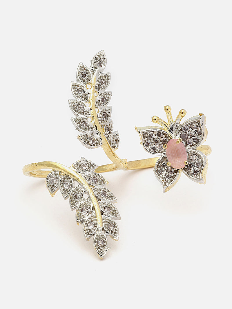 Gold-Plated Pink & White American Diamond Studded Butterfly & Leaf Shaped Adjustable Finger Ring