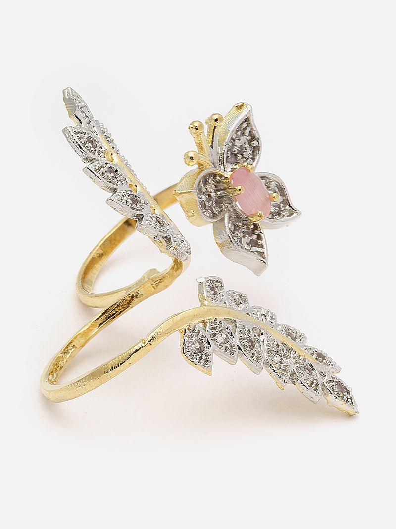 Gold-Plated Pink & White American Diamond Studded Butterfly & Leaf Shaped Adjustable Finger Ring