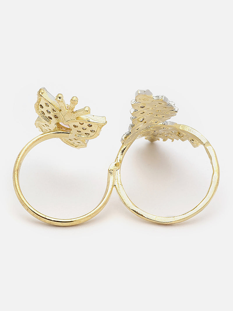 Gold-Plated Pink & White American Diamond Studded Butterfly & Leaf Shaped Adjustable Finger Ring