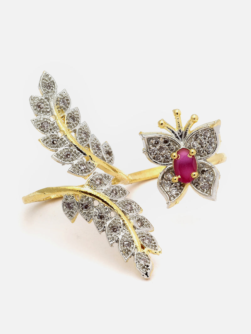 Gold-Plated Red & White American Diamond Studded Butterfly & Leaf Shaped Adjustable Finger Ring