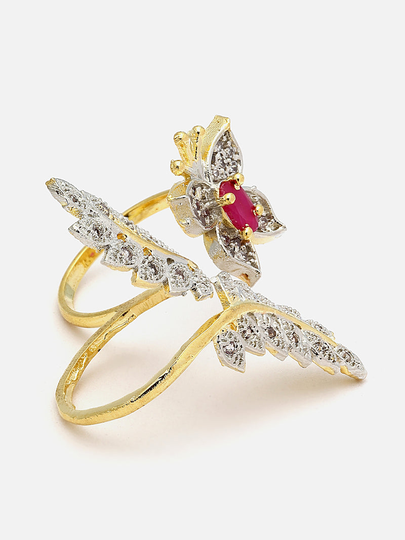 Gold-Plated Red & White American Diamond Studded Butterfly & Leaf Shaped Adjustable Finger Ring