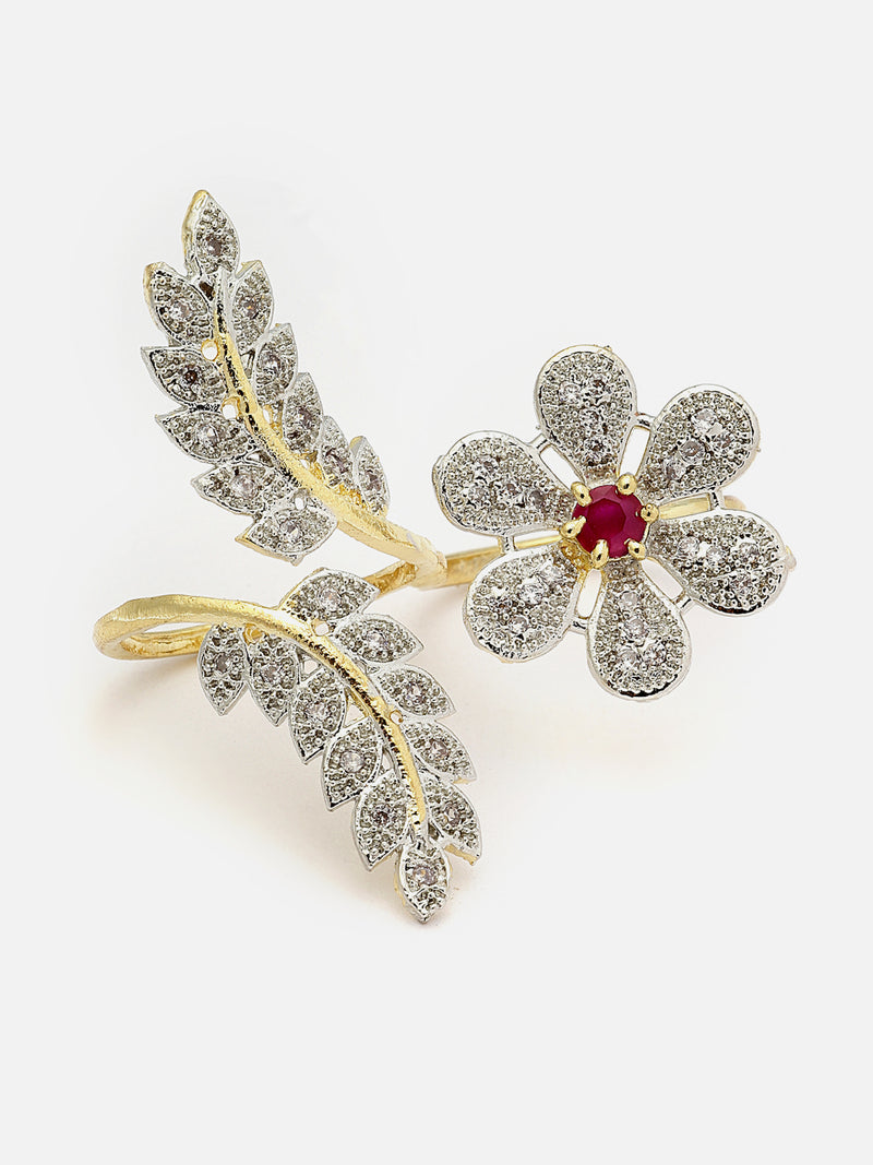 Gold-Plated Red & White American Diamond Studded Floral & Leaf Shaped Adjustable Finger Ring