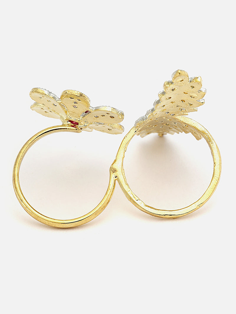Gold-Plated Red & White American Diamond Studded Floral & Leaf Shaped Adjustable Finger Ring