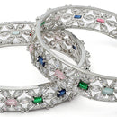 Rhodium-Plated Multi-Colour American Diamond Studded Handcrafted Bangles Set of 2
