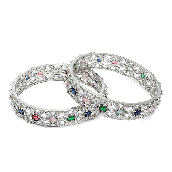 Rhodium-Plated Multi-Colour American Diamond Studded Handcrafted Bangles Set of 2