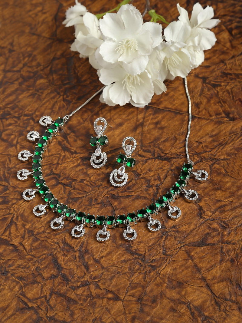 Rhodium-Plated Green American Diamonds Studded Contemporary Necklace & Earrings Jewellery Set