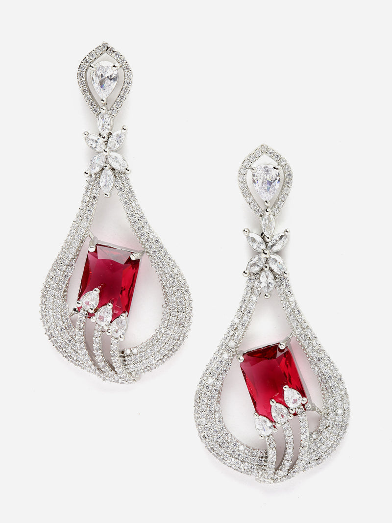Rhodium-Plated Red American Diamond studded Handcrafted Quirky Shaped Drop Earrings