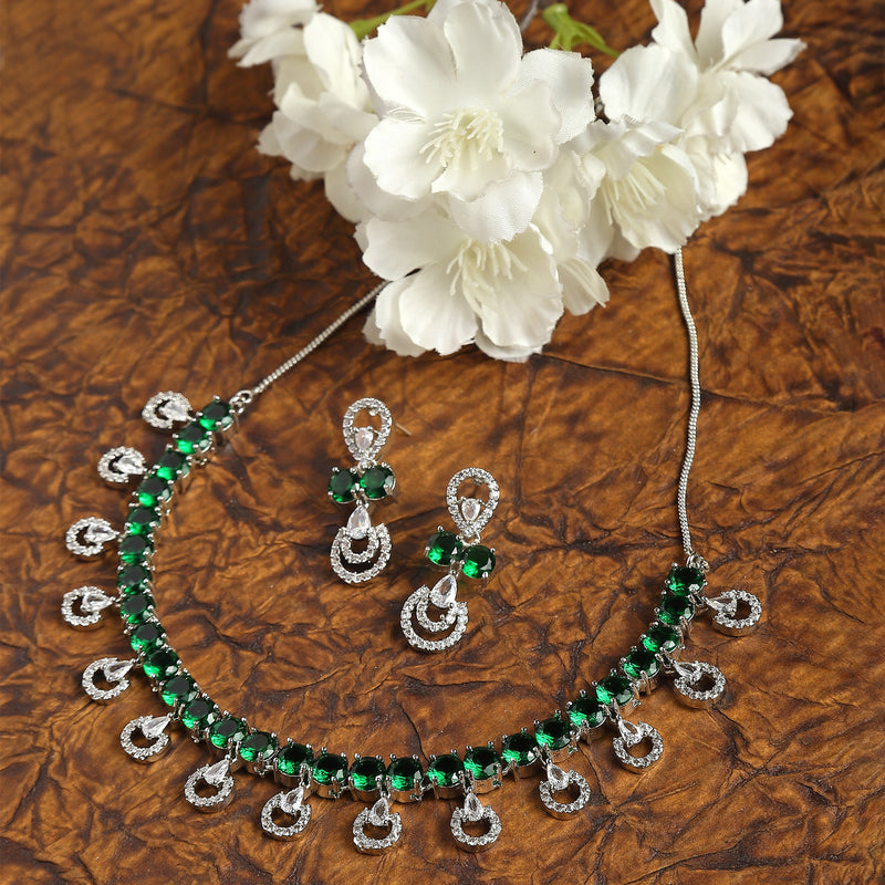 Rhodium-Plated Green American Diamonds Studded Contemporary Necklace & Earrings Jewellery Set