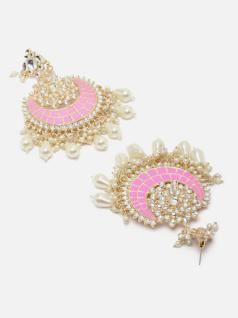 Gold-Plated Kundan studded Pink & Off-White Crescent Shaped Chandbali Earrings