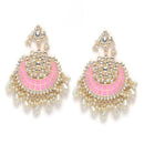 Gold-Plated Kundan studded Pink & Off-White Crescent Shaped Chandbali Earrings