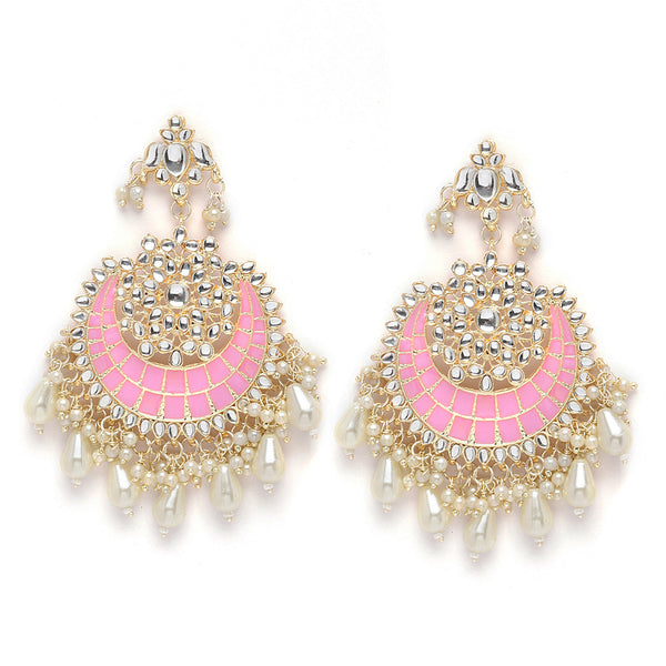 Gold-Plated Kundan studded Pink & Off-White Crescent Shaped Chandbali Earrings