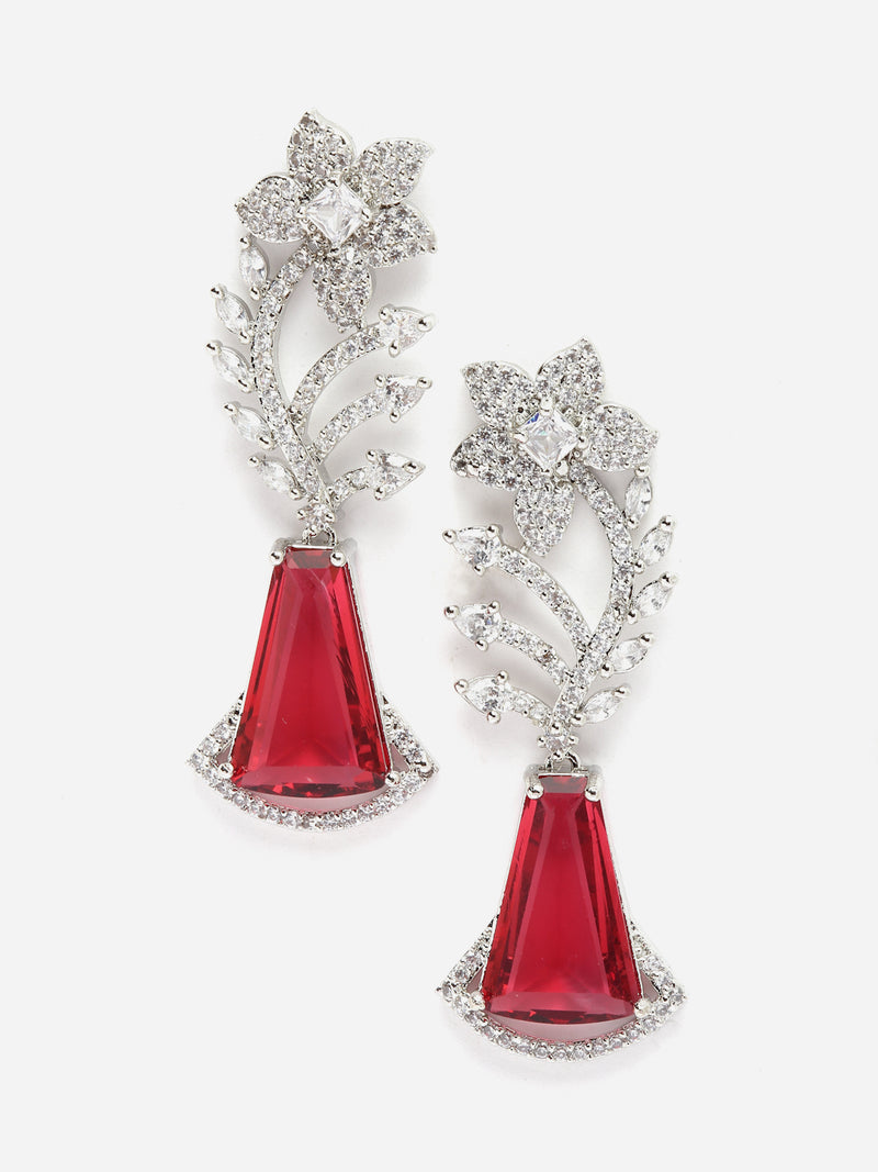 Rhodium-Plated Red & White American Diamond studded Floral Theme Drop Earrings