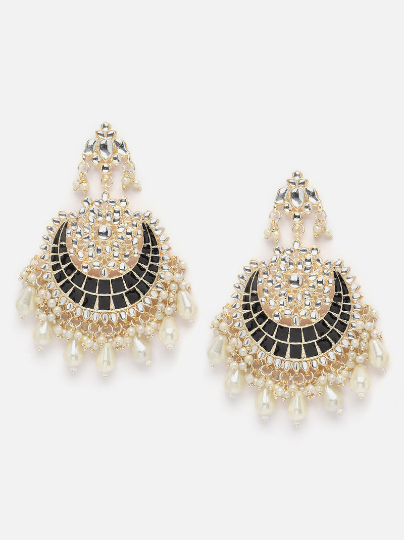 Gold-Plated Kundan studded Black & Off-White Crescent Shaped Chandbali Earrings