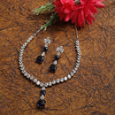 Rhodium-Plated Navy Blue Square American Diamonds Studded Pendulous Necklace & Earrings Jewellery Set