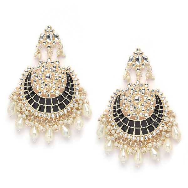 Gold-Plated Kundan studded Black & Off-White Crescent Shaped Chandbali Earrings