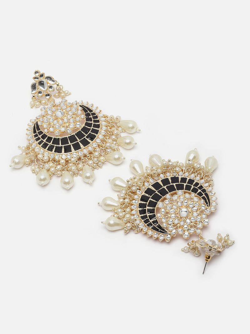 Gold-Plated Kundan studded Black & Off-White Crescent Shaped Chandbali Earrings